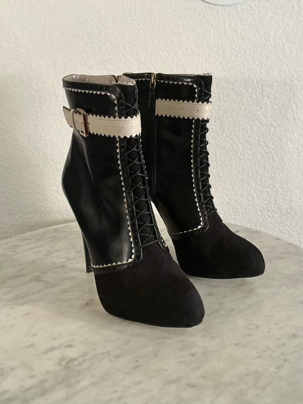 JASON WU “ALEXIS” Black and White Lace-Up Ankle Boots with Buckle